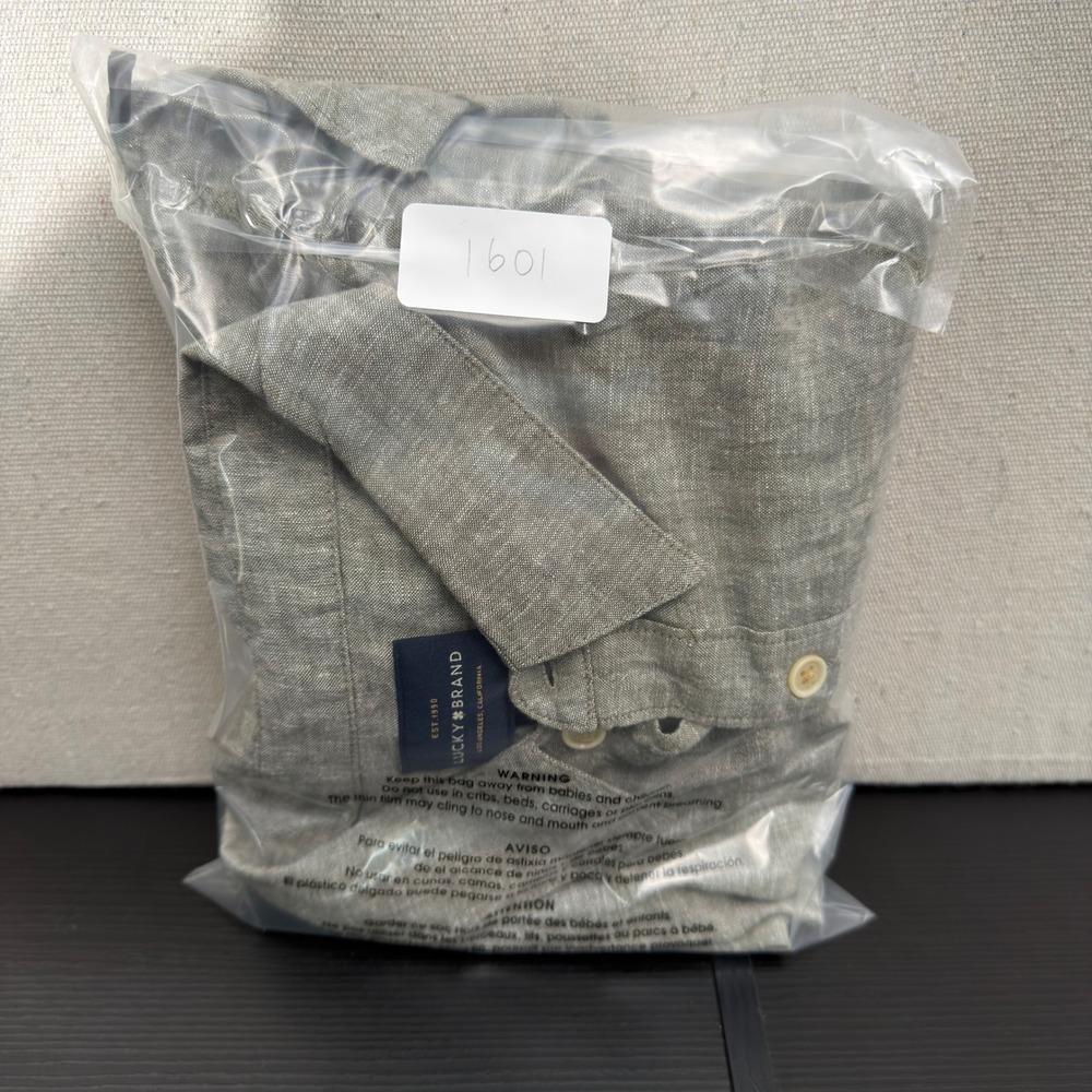 Lucky Brand Linen Blend Shirt Mens Large Olive Green Short Sleeve Button Down - Picture 12 of 12
